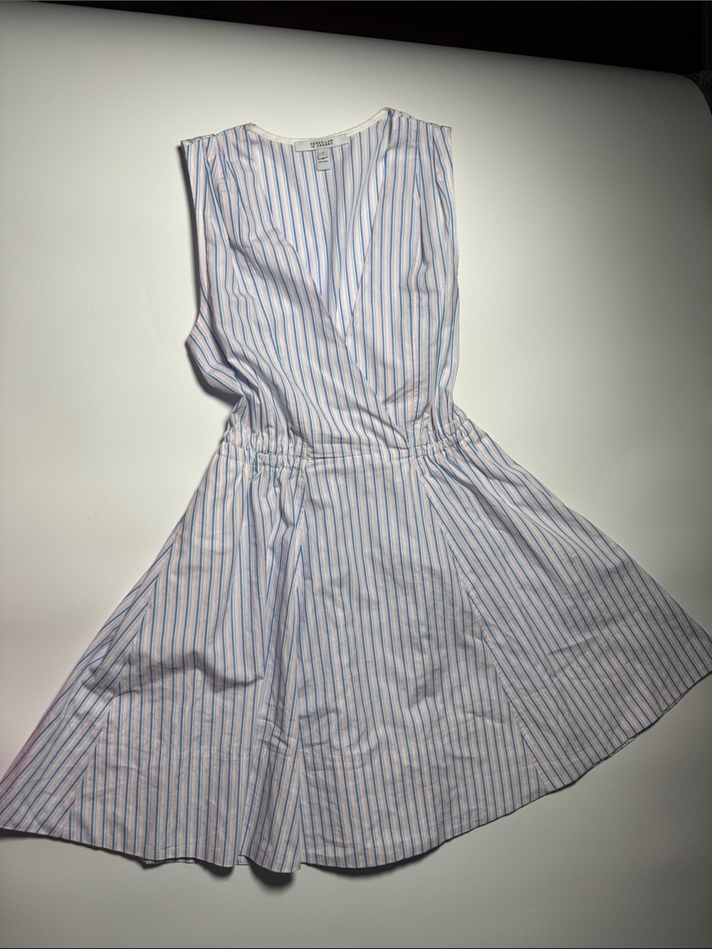 Derek Lam Sleeveless V-Neck Striped Day Dress in Blue, pink and White